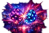 RollXO casino glowing dice bursting into neon light particles on dark background, cyberpunk style offer card