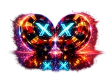 RollXO Casino glowing neon dice bursting into light particles on dark background, cyberpunk style offer card